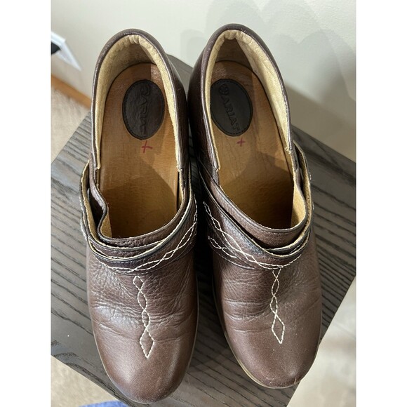 Ariat Shoes Womens Size 9 B Brown Leather Embroidered Floral Clogs Comfort - Picture 2 of 10